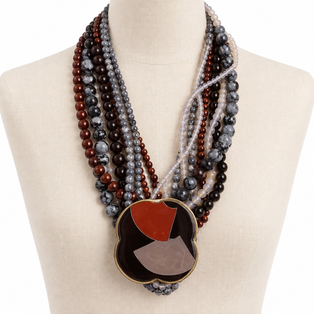 Vintage Multi Strand Bead Necklace Brown Grey Enamel Medallion Statement
